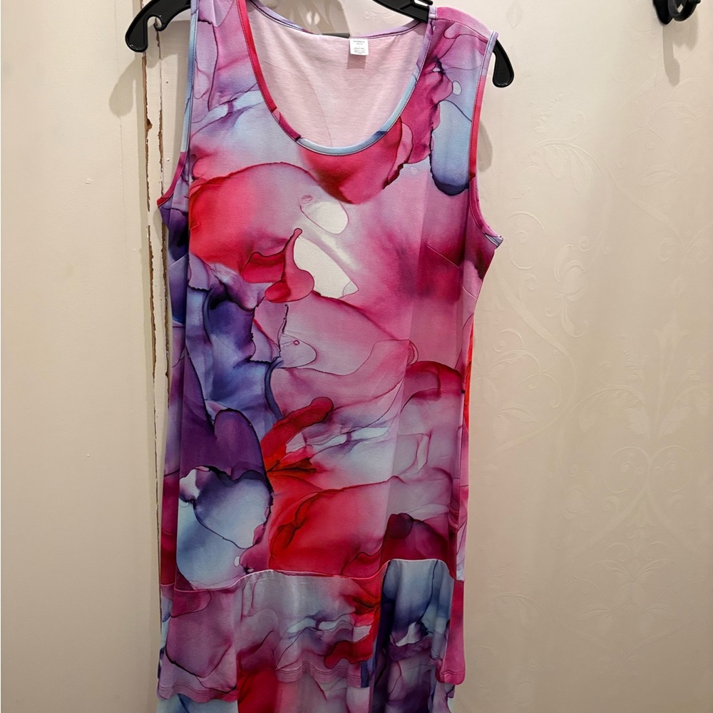 Dolcezza Sleeveless Pink Purple blue Abstract Print flutter hem Dress. NWT L, XL